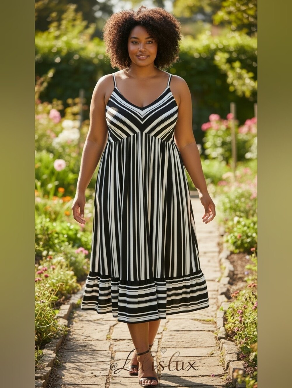 Torrid Size 2 Black And White Stripe Spaghetti Strap Dress Challis Ruffle Midi